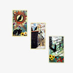 Three vertical raven tarot cards lined up closely together highlighting rich primary colors and deep blacks.