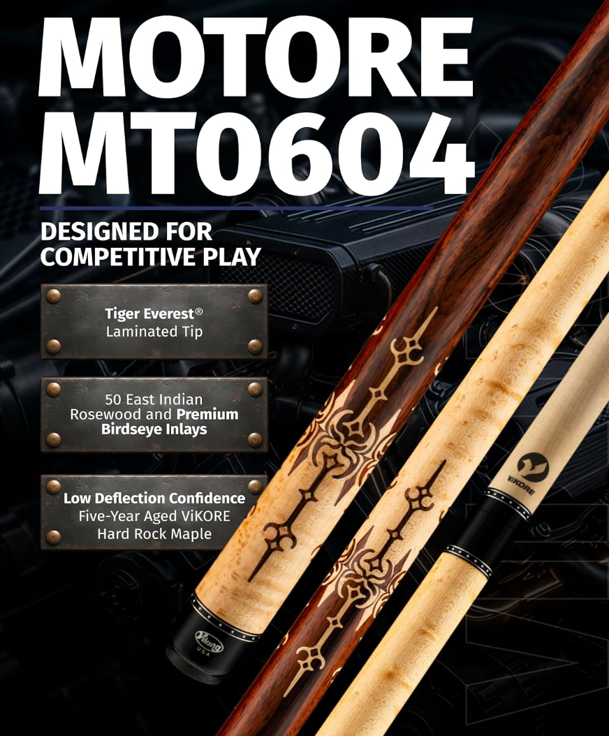 Viking Motore MT0604 cue with East Indian Rosewood and Birdseye inlays, designed for competitive play with a Tiger Everest tip and ViKORE low‑deflection shaft.