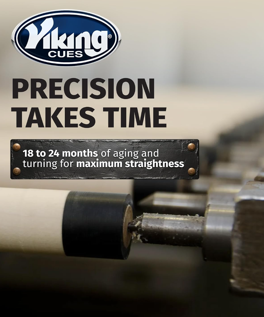 Viking Motore cue shaft being precision‑turned on a lathe, highlighting the 18–24 month aging process for maximum straightness.