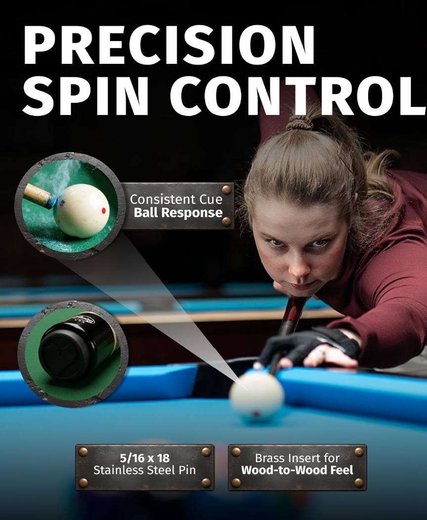 Viking Motore cue demonstrating precision spin control with close‑ups of the cue tip, cue ball response, and 5/16x18 stainless steel joint pin.