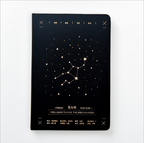 Front view of a matte black hardcover Virgo zodiac journal featuring a gold star map constellation design centered on a clean white background.