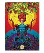 High-contrast tarot card showing a red skull pouring a rainbow into a blue chalice amidst thorny branches.