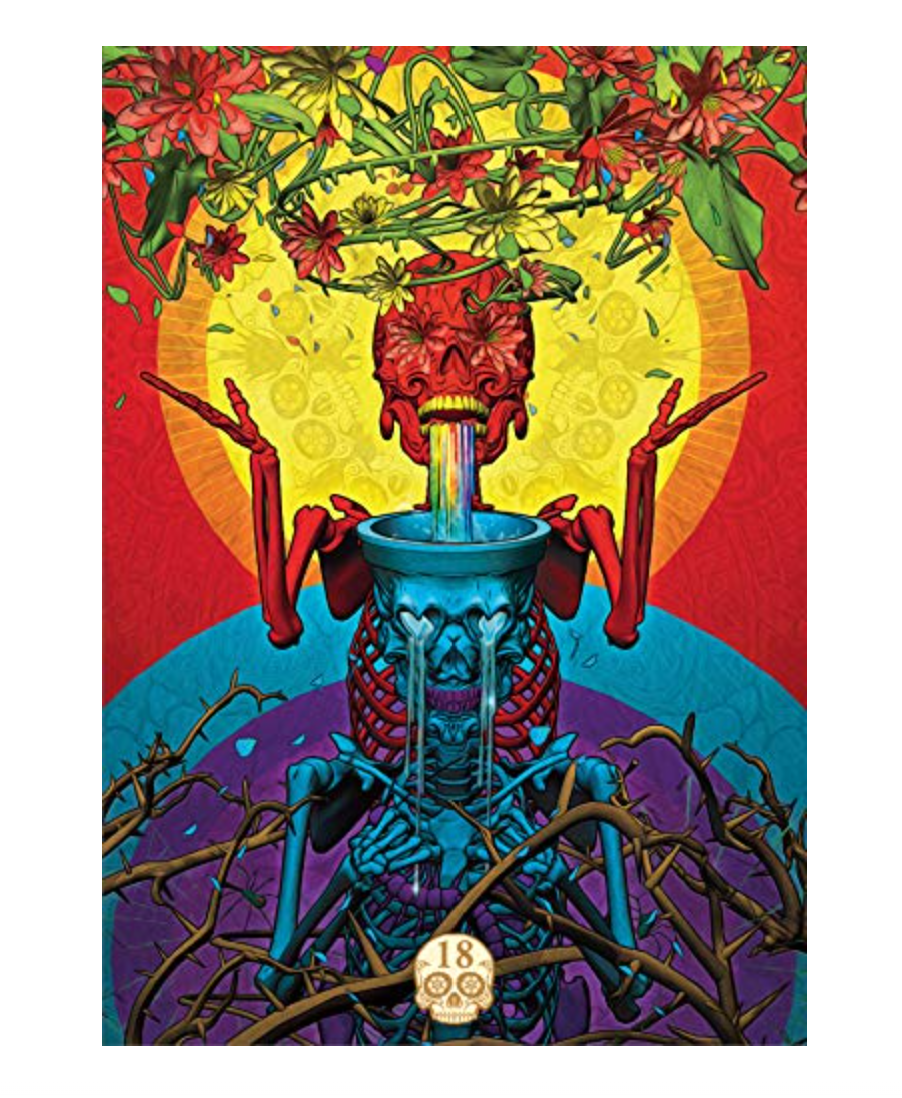 High-contrast tarot card showing a red skull pouring a rainbow into a blue chalice amidst thorny branches.