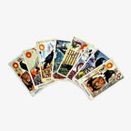 Seven colorful Crow Tarot cards arranged in a wide, sweeping fan display to show continuous borderless art.