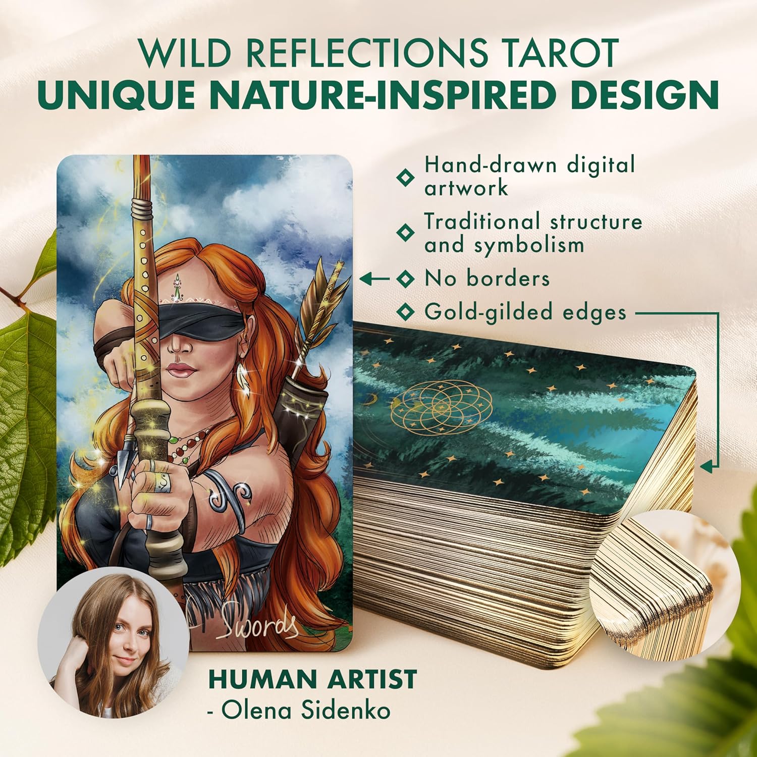 Profile photo text callout for Wild Reflections Tarot human artist Olena Sidenko emphasizing authentic hand-drawn art.