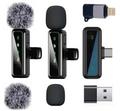 Product display of two wireless lapel microphones, a receiver, windproof deadcat covers, and multi-device adapters.