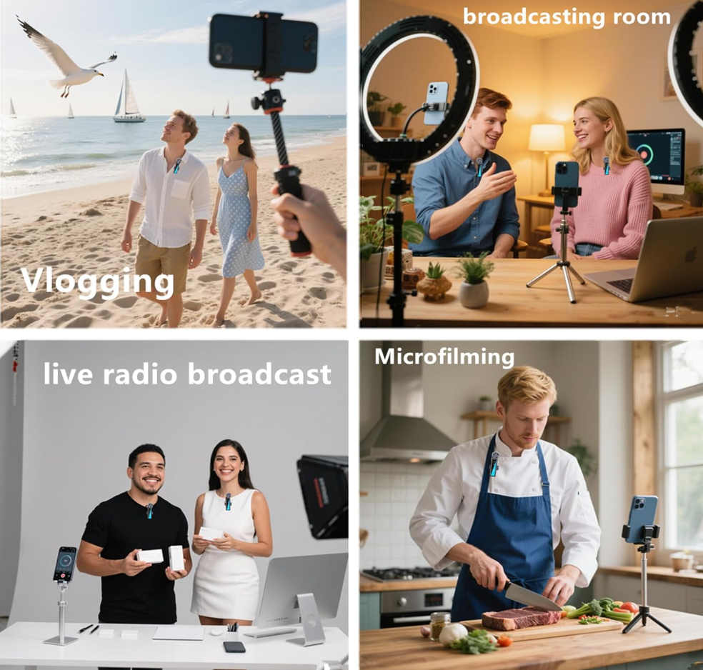 Multi-panel image showcasing use cases like vlogging at the beach, broadcasting rooms, live radio, and microfilming.