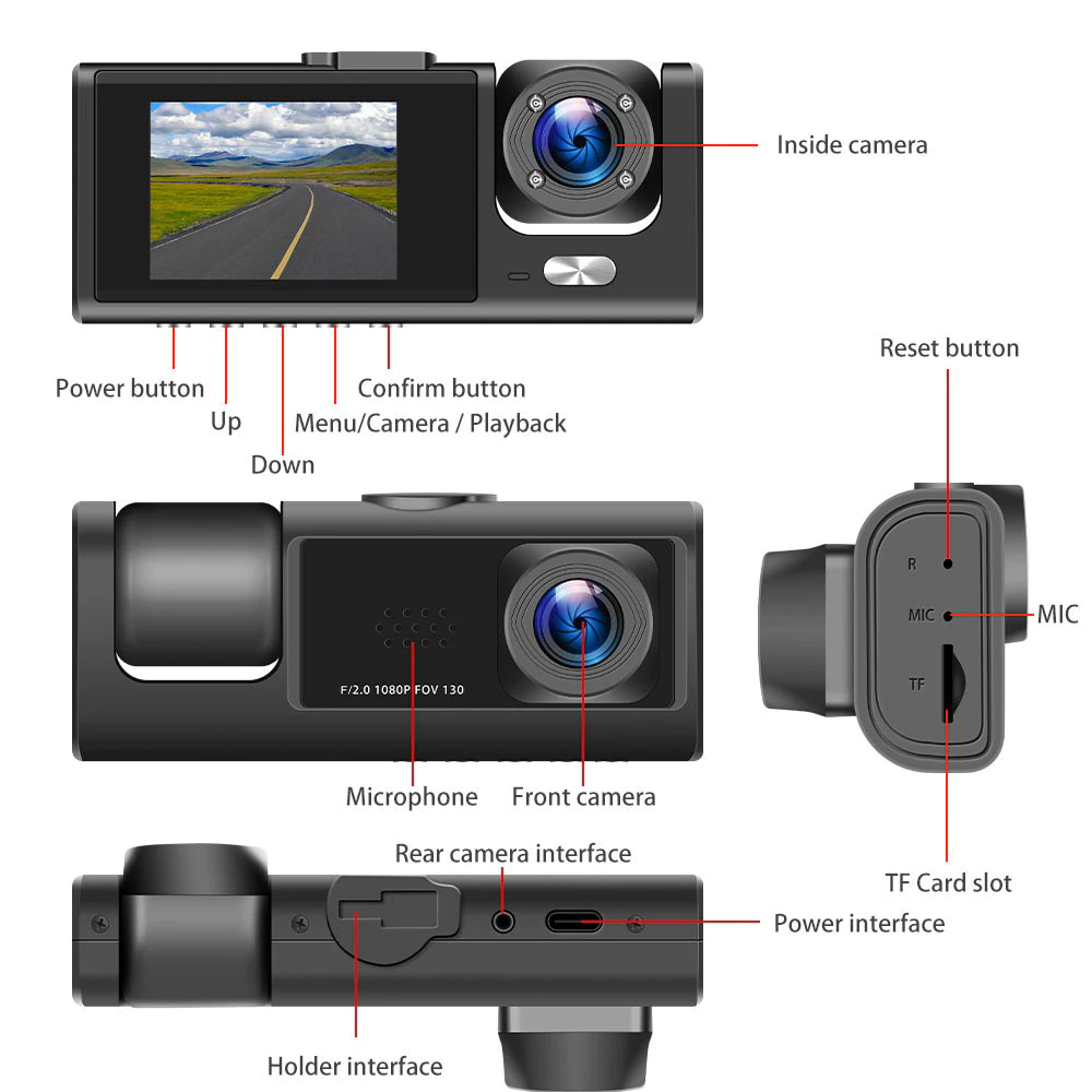 Car Triple Lens Dash Cam HD 1080P