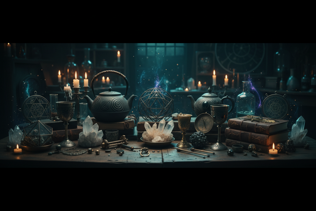 Esoteric workspace featuring cast iron teapots, glowing crystals, and ritual chalices for Elemental Scientia.