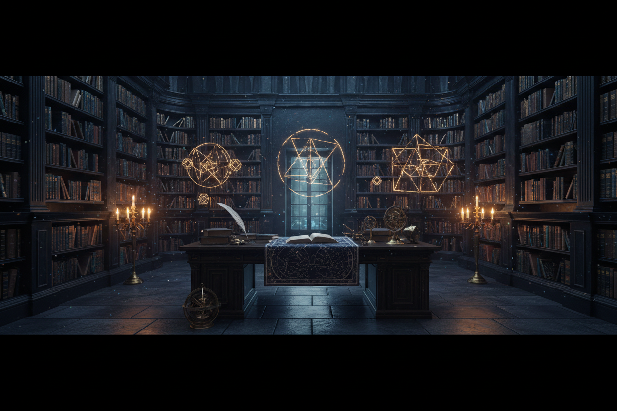 Dark academia library with a study desk, old books, and glowing geometric constellations for Library of Cogito.
