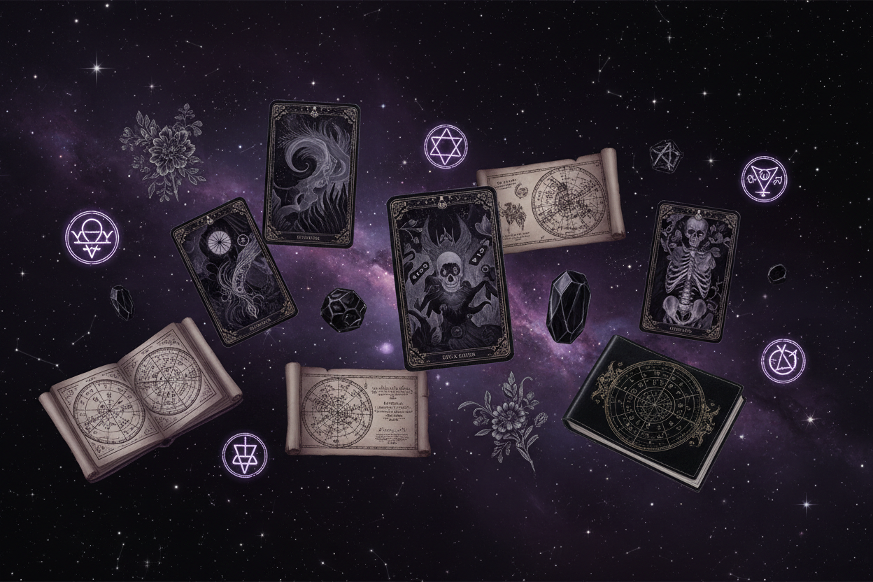 Gothic indie tarot cards and open astrological grimoires floating in a purple starry sky for Shadow Arcanum.