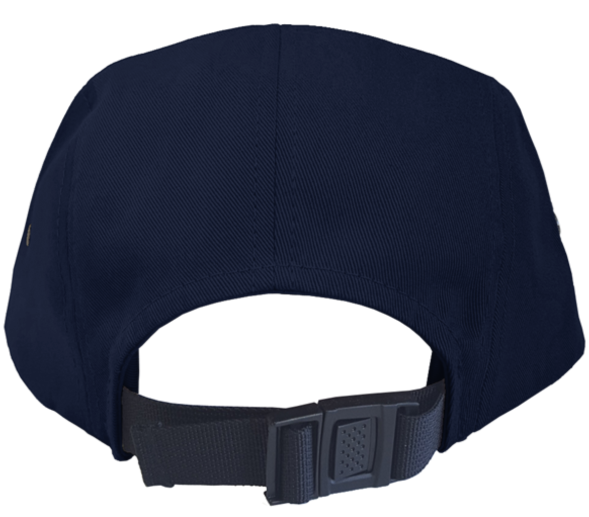 The rear view of a structured midnight navy blue five-panel jockey cap displays its adjustable black nylon webbing strap and textured quick-release snap buckle against a white background