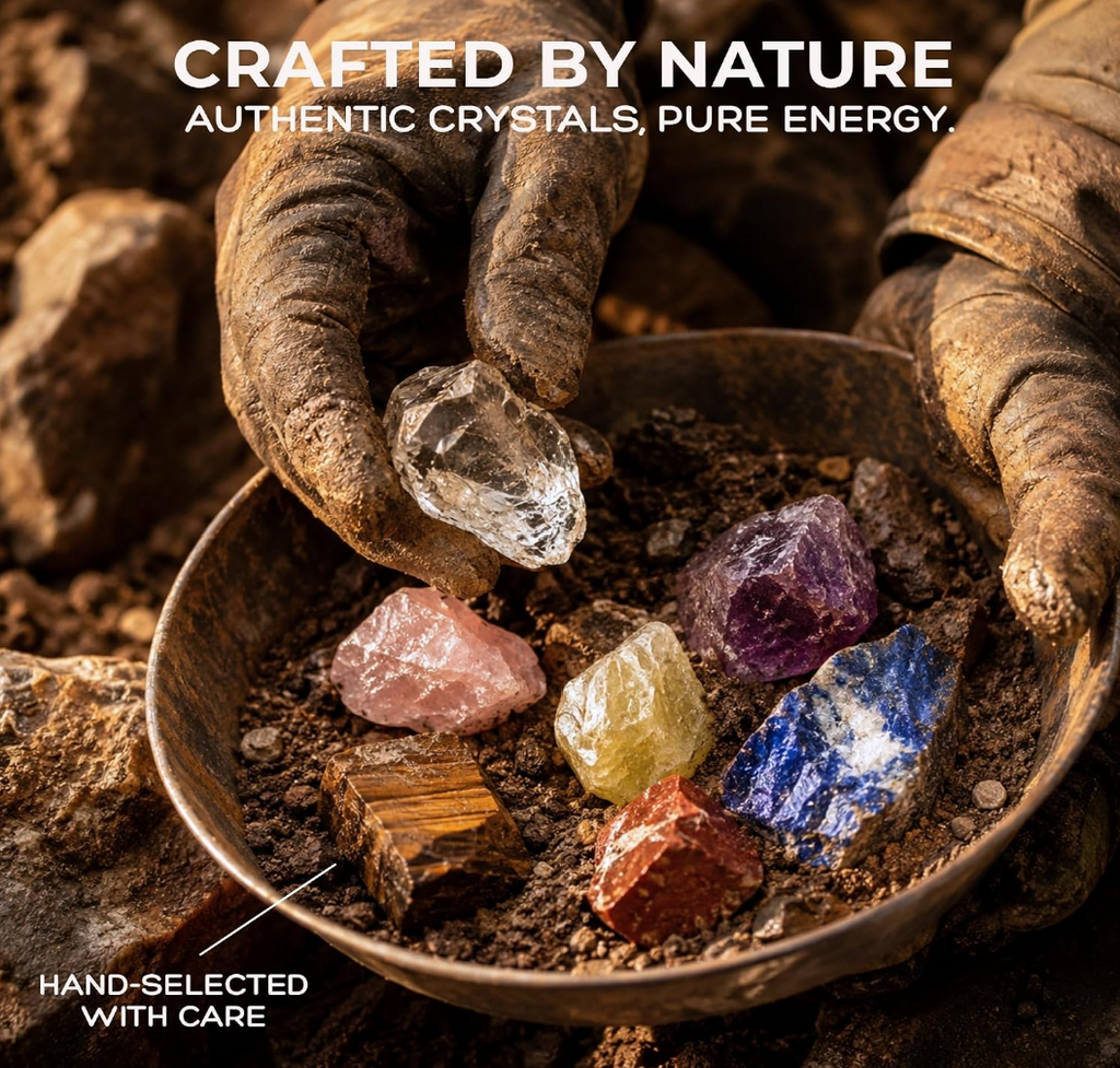 A marketing infographic showing gloved miner hands holding a raw clear quartz cluster over a panning bowl filled with earth and six other raw chakra crystals. The promotional overlay text features the headlines Crafted by Nature, Authentic Crystals, Pure Energy, and Hand-Selected with Care.