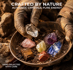A marketing infographic showing gloved miner hands holding a raw clear quartz cluster over a panning bowl filled with earth and six other raw chakra crystals. The promotional overlay text features the headlines Crafted by Nature, Authentic Crystals, Pure Energy, and Hand-Selected with Care.