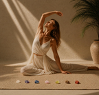 A lifestyle product photograph showcasing a woman practicing yoga in a sunlit studio with the Anima Premium Crystals aligned on her mat. The seven raw chakra stones—including clear quartz, amethyst, lapis lazuli, rose quartz, citrine, tigers eye, and red jasper—are arranged neatly in front of her.