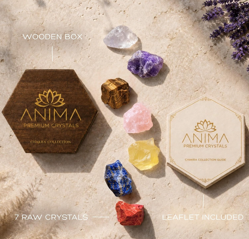 A dynamic flat-lay product infographic for the Anima Premium Crystals Chakra Collection displaying its individual component pieces on a stone background. Graphic text callouts highlight the dark stained hexagonal wooden box, the 7 raw healing crystals arranged in a vertical line, and the included hexagonal chakra collection guide leaflet.