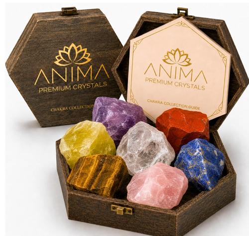 An unboxing product shot of the Anima Premium 7 Chakra Healing Crystals Set showcasing seven large raw mineral specimens inside an open hexagonal wooden gift box. The display includes natural unpolished Amethyst, Citrine, Rose Quartz, Clear Quartz, Lapis Lazuli, Tigers Eye, and Red Jasper alongside a branded hexagonal Chakra Collection Guide.