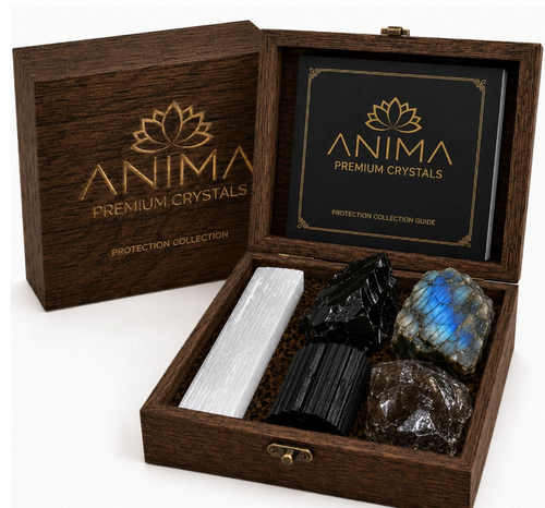 An unboxing product shot of the Anima Premium Protection Crystals Set showcasing five large raw mineral specimens inside an open square wooden gift box. The shielding display features a natural satin spar selenite bar, raw black tourmaline, black obsidian, smoky quartz, and a flashing labradorite stone alongside a branded Protection Collection Guide.