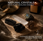 A marketing infographic displaying five raw protection crystals from Anima—including black tourmaline, obsidian, smoky quartz, labradorite, and a selenite bar—resting on a stone slab. The background features a burning Earthbound jar candle and a brass offering bowl under the promotional text Cleansed Before Shipping for Real Protection.