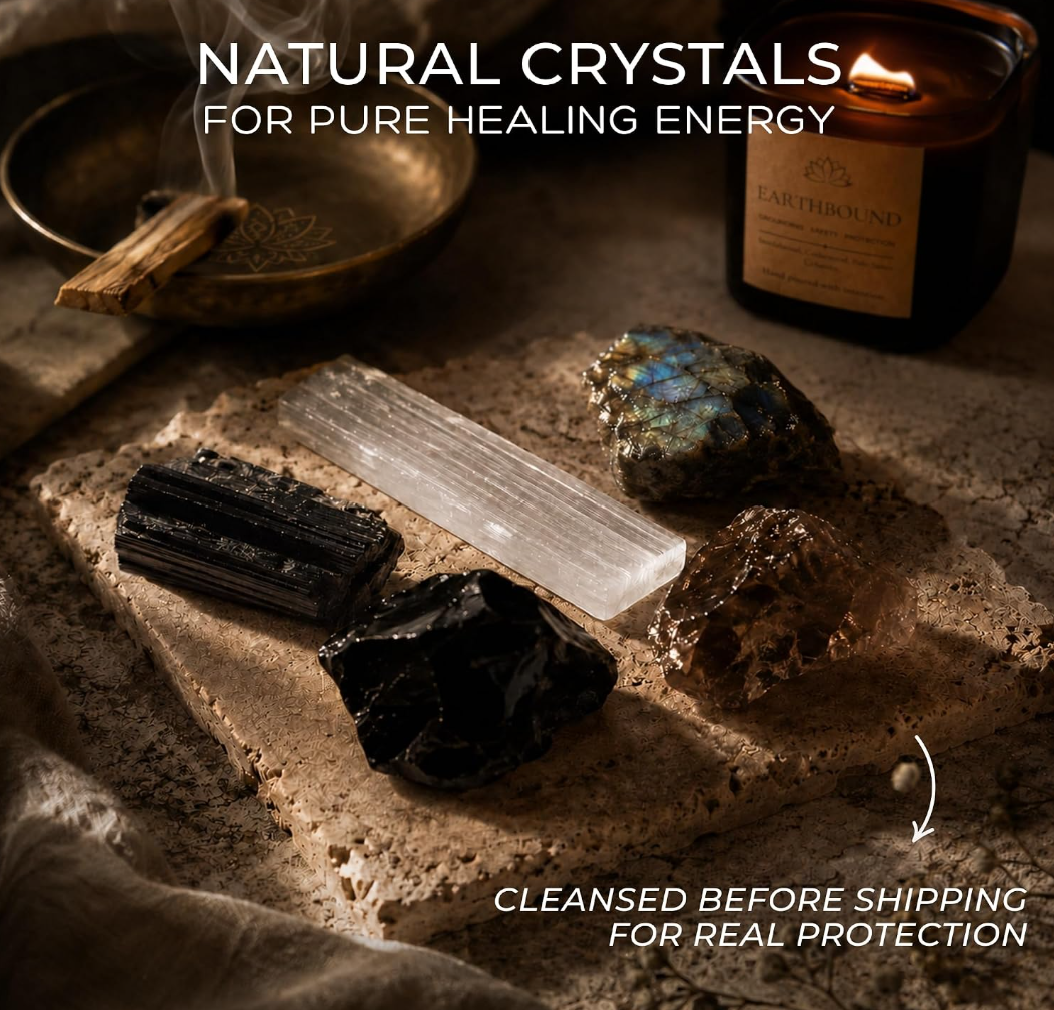 A marketing infographic displaying five raw protection crystals from Anima—including black tourmaline, obsidian, smoky quartz, labradorite, and a selenite bar—resting on a stone slab. The background features a burning Earthbound jar candle and a brass offering bowl under the promotional text Cleansed Before Shipping for Real Protection.
