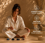 A lifestyle marketing image of a woman meditating with the Anima Premium Protection Crystals set while cleansing her space with a raw selenite stick. Promotional graphic text callouts highlight the wellness benefits: Strengthen Your Spirit, Anchor Your Mind, and Restore Your Energy, alongside the raw shielding stones.