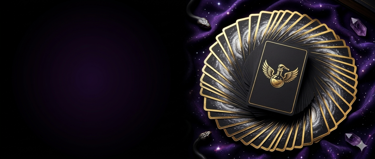 A luxurious esoteric product showcase of premium indie tarot cards fanned out in a circle, displaying matte black cardstock, reflective gold-foil celestial trim, and a gold-stamped winged distillation flask brand logo, set against a backdrop of starry midnight-purple cosmic fabric.