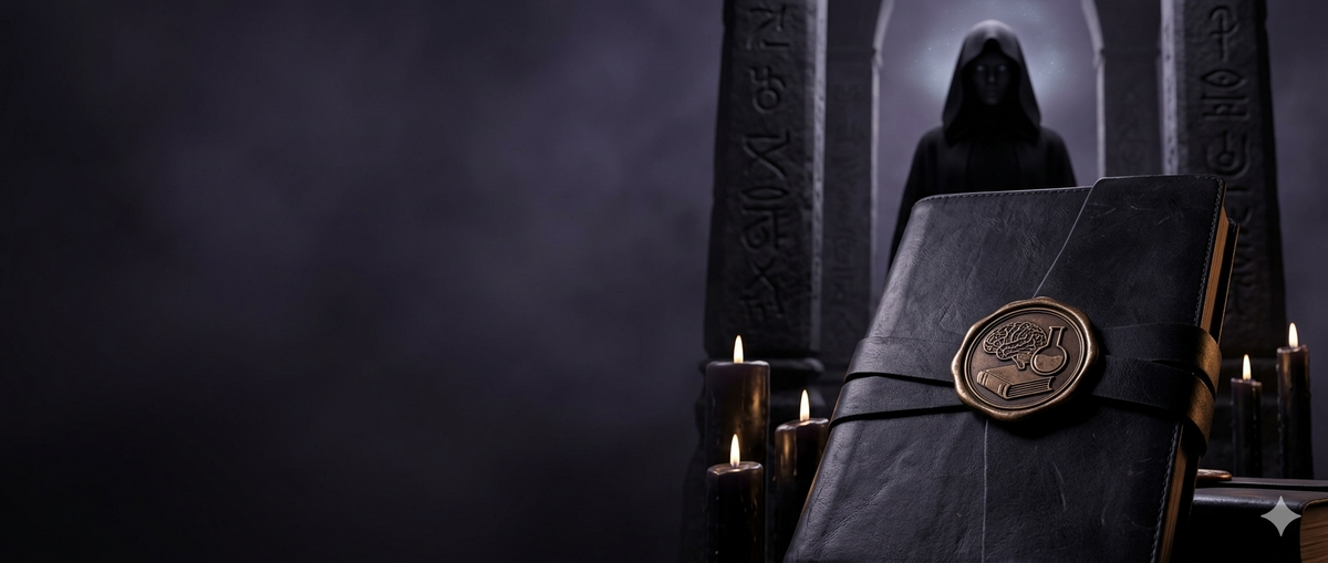 A moody introspective dark academia display featuring an obsidian-black leather shadow work journal secured by a thick strap and a cast-bronze seal clasp, flanked by burning black candles with a mysterious hooded figure of the goddess Nyx standing between monolithic stone pillars in the background.