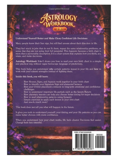 Back cover of the Astrology Workbook 3-in-1 by Mari Silva showing the book summary, learning topics, and barcode.