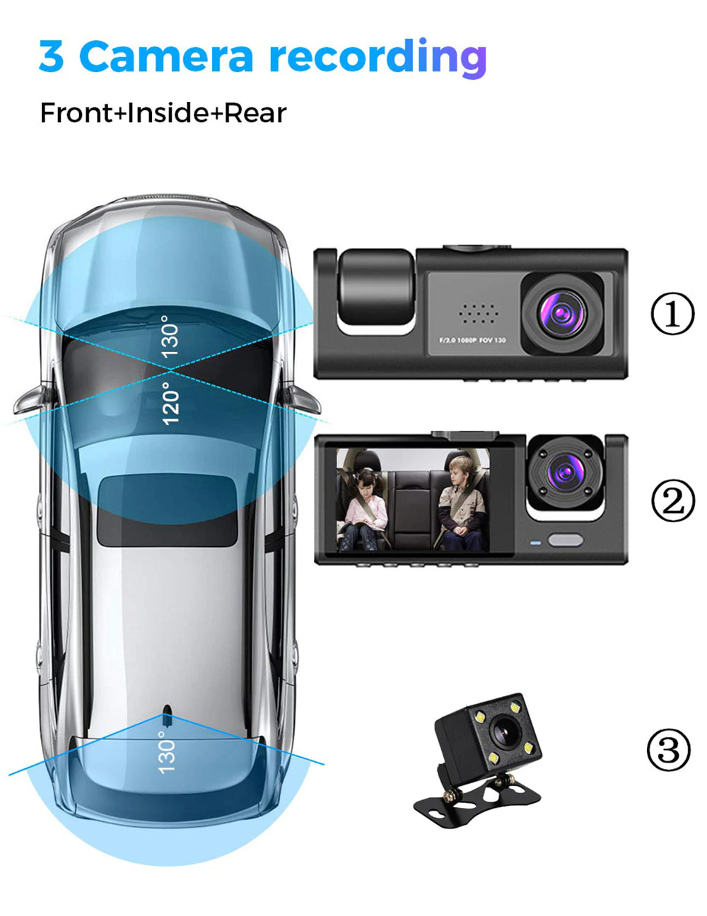 Car Triple Lens Dash Cam HD 1080P