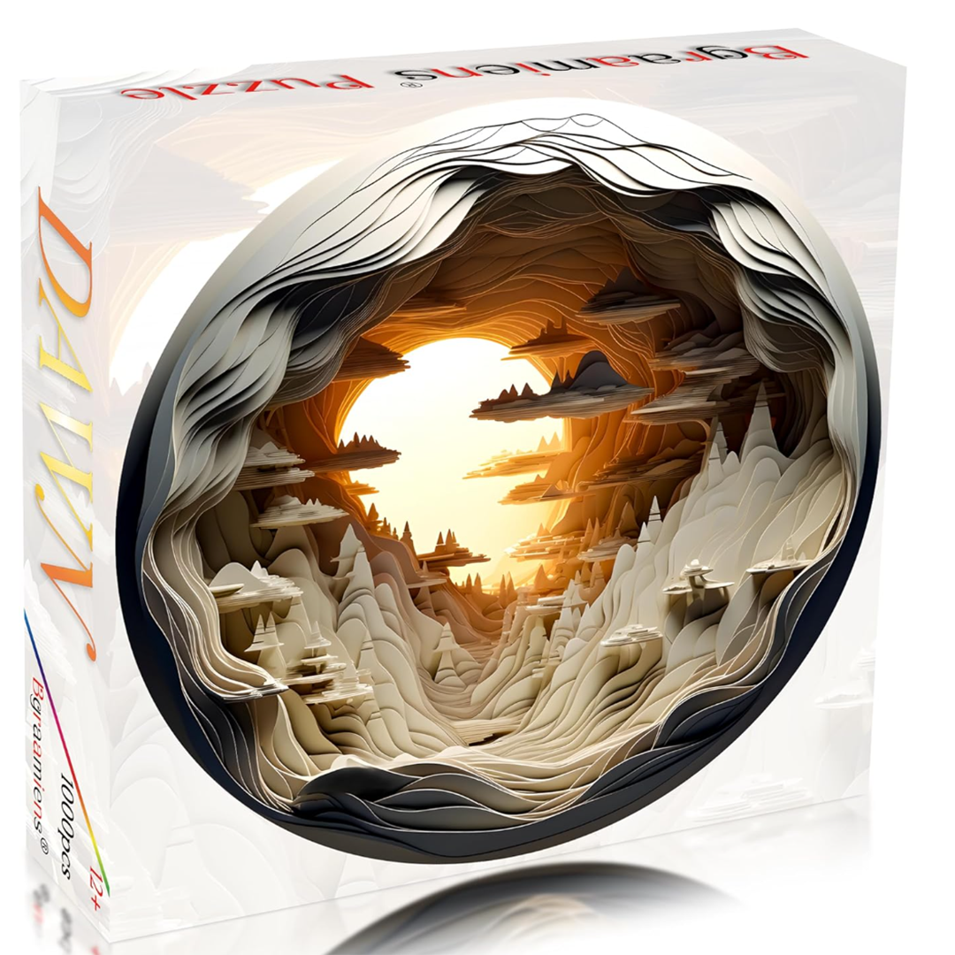 Bgraamiens Dawn Inside a Cave 1000-piece round adult jigsaw puzzle retail packaging box featuring a 3D isometric display angle. The white square container showcases the circular 3D layered paper-cut art design, vertical gold foil branding, and a 12+ age rating icon.