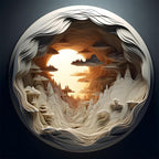 Bgraamiens Dawn Inside a Cave 1000-piece circular jigsaw puzzle displaying a layered 3D paper-cut tunnel effect. The design features sculpted white canyon walls, floating stepped rock plateaus, and a central glowing sun gradient for advanced pattern recognition.