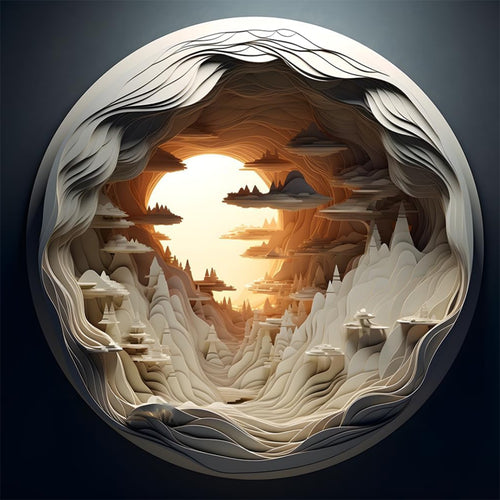Bgraamiens Dawn Inside a Cave 1000-piece circular jigsaw puzzle displaying a layered 3D paper-cut tunnel effect. The design features sculpted white canyon walls, floating stepped rock plateaus, and a central glowing sun gradient for advanced pattern recognition.