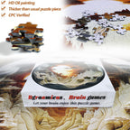 Bgraamiens Dawn Inside a Cave 1000-piece round puzzle infographic highlighting premium product quality features. The image showcases close-ups of thick blue board puzzle pieces with alphabet letters on the back, a CPC-verified certification note, and the retail packaging resting on the finished jigsaw layout.