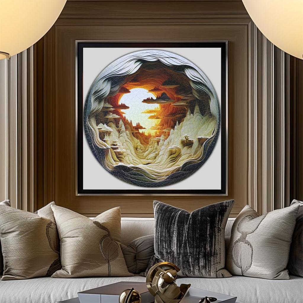 Bgraamiens Dawn Inside a Cave 1000-piece round jigsaw puzzle for adults featuring a 3D visual gradient design with a circular frame. This challenging geometric brain teaser showcases layered paper-cut rock formations and a bright sunset landscape ideal for wall art decor.