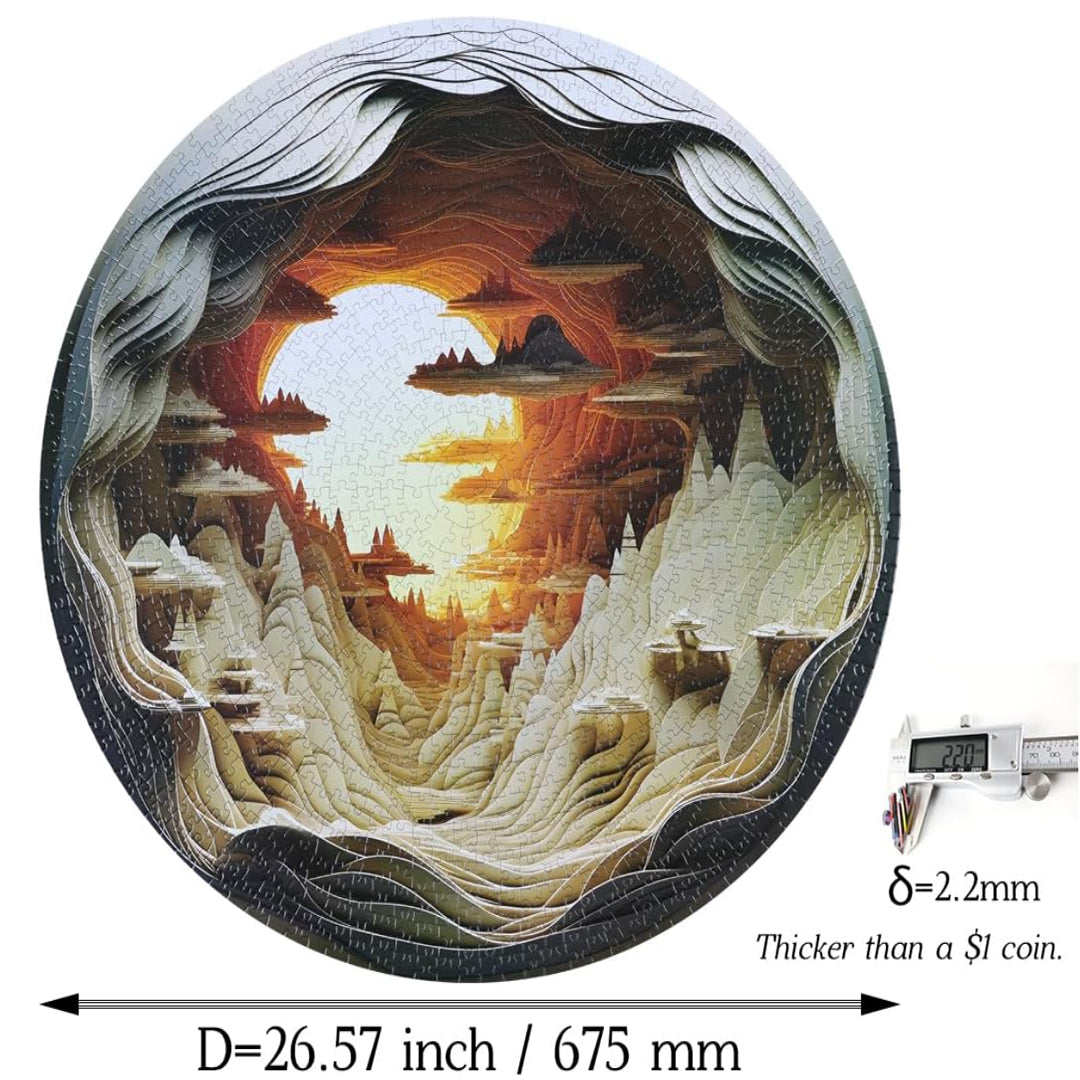 Bgraamiens Dawn Inside a Cave 1000-piece circular jigsaw puzzle specification infographic demonstrating exact sizing metrics. The image displays the complete assembled round layout with a diameter measurement of 26.57 inches (675 mm) and a digital caliper measuring a piece thickness of 2.2 mm.