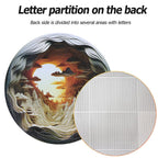 Bgraamiens Dawn Inside a Cave 1000-piece circular jigsaw puzzle helpful features infographic showcasing the reverse side sorting system. The image displays the complete round puzzle layout alongside an enlarged circular inset detailing the back matrix divided into lettered zones for guided section assembly.