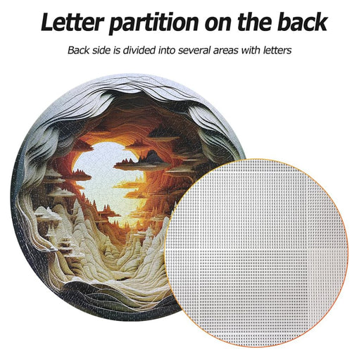 Bgraamiens Dawn Inside a Cave 1000-piece circular jigsaw puzzle helpful features infographic showcasing the reverse side sorting system. The image displays the complete round puzzle layout alongside an enlarged circular inset detailing the back matrix divided into lettered zones for guided section assembly.