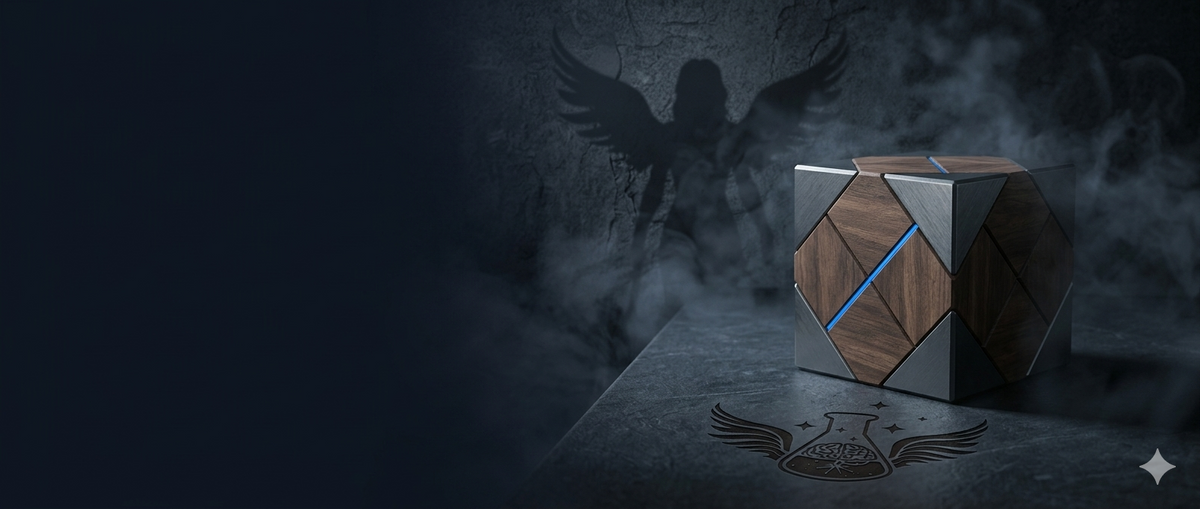 A high-end dark academia workspace banner showing a macro shot of a geometric cognitive puzzle cube made of matte walnut wood and brushed graphite metal on a slate desk, with a laser-etched winged alchemy flask logo in the foreground and a subtle silhouette shadow of the sentinel goddess Anakha on the background wall.