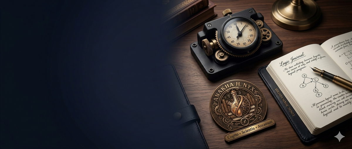A luxury dark academia desk workspace featuring a matte-black industrial mechanical productivity dial timer next to an open leather logic journal with a brass fountain pen, anchored by a physical antique bronze crest coin replicating the official Anakha H. Nyx seal.