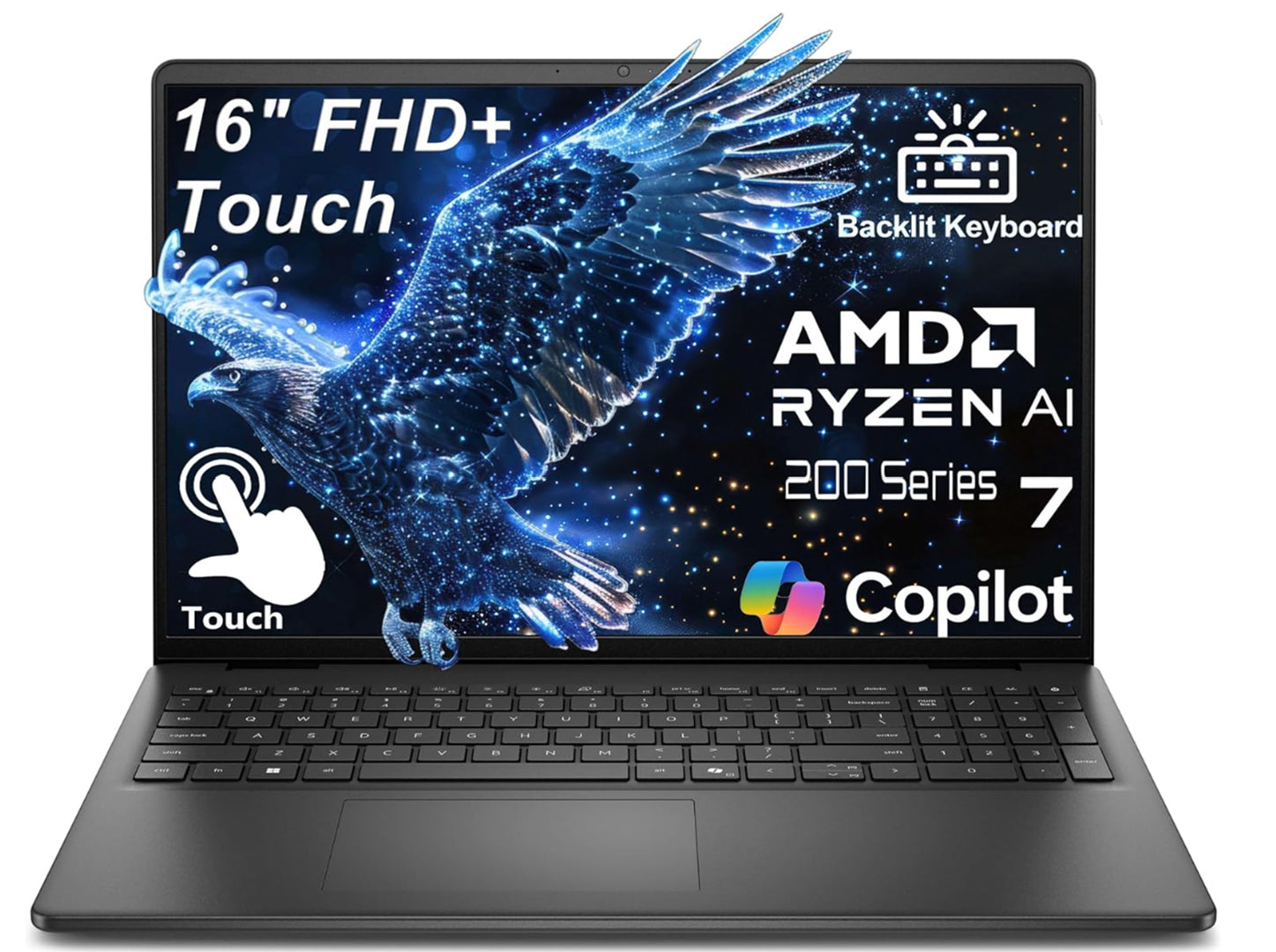 This e-commerce product image features a front-facing view of the open Dell 16-inch laptop showcasing its sleek matte black chassis and a premium backlit keyboard with a dedicated numeric pad. The dynamic display highlights key system features including a 16-inch FHD+ interactive touchscreen overlay, the high-performance AMD Ryzen AI 200 Series Ryzen 7 processor architecture, and integrated Microsoft Copilot AI software compatibility.