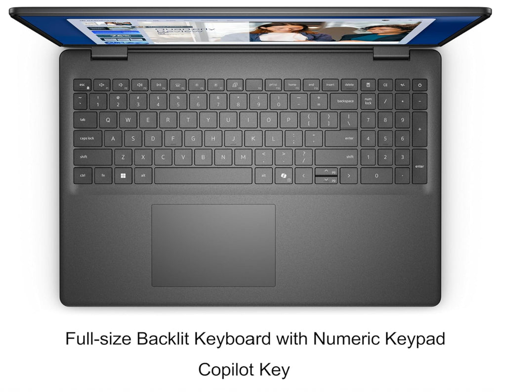 This e-commerce marketing graphic shows a top-down view of the open Dell 16-inch laptop keyboard deck, highlighting its matte black finish and large off-center precision trackpad. High-visibility promotional text below emphasizes the key input hardware features, including a spacious full-size backlit keyboard layout integrated with a dedicated 10-key numeric keypad and a native Microsoft Copilot AI shortcut key.