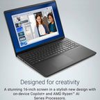 This e-commerce marketing graphic showcases an angled perspective of the sleek, carbon black Dell 16-inch touchscreen laptop displaying a collaborative business dashboard on its narrow-bezel screen. Clean promotional typography below highlights the stylish chassis design and emphasizes the machine's premium creative positioning powered by on-device Microsoft Copilot+ AI tool integrations and AMD Ryzen AI Series processors.