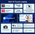 dell_16_touchscreen_laptop_hardware_specifications_infographicThis e-commerce marketing infographic details the core technical specifications for the Dell 16 Touch Laptop, outlining scalable hardware configurations supporting up to 64GB DDR5 memory and 2TB NVMe SSD storage. The clean layout blocks itemize integrated features including an AMD Ryzen 7 R7-250 AI processor, AMD Radeon Graphics, a 16.0-inch 16:10 FHD+ anti-glare touchscreen with 300 nits brightness, Windows 11 Pro with Microsoft Copilot compatib