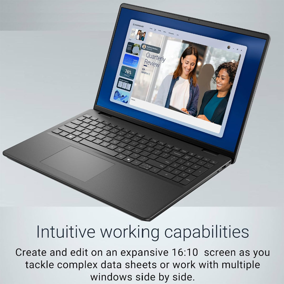 This e-commerce marketing infographic highlights the intuitive working capabilities of the open, carbon black Dell 16-inch touchscreen laptop. Visual layout copy below focuses on the expanded 16:10 display aspect ratio designed to maximize vertical workspace when editing complex data spreadsheets or positioning multiple operational application windows side by side.