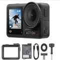 dji_osmo_action_4_camera_and_accessories_kitThis product shot showcases the DJI Osmo Action 4 waterproof 4K video action camera featuring dual full-color screens, a 155-degree f/2.8 ultra-wide lens, and a rugged black housing frame. Below the primary unit is an optimized gear bundle consisting of a protective mounting cage, an extreme-temperature lithium-ion battery, a USB-C fast charging cable, a quick-release adapter plate, and a locking thumb screw.