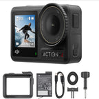 dji_osmo_action_4_camera_and_accessories_kitThis product shot showcases the DJI Osmo Action 4 waterproof 4K video action camera featuring dual full-color screens, a 155-degree f/2.8 ultra-wide lens, and a rugged black housing frame. Below the primary unit is an optimized gear bundle consisting of a protective mounting cage, an extreme-temperature lithium-ion battery, a USB-C fast charging cable, a quick-release adapter plate, and a locking thumb screw.