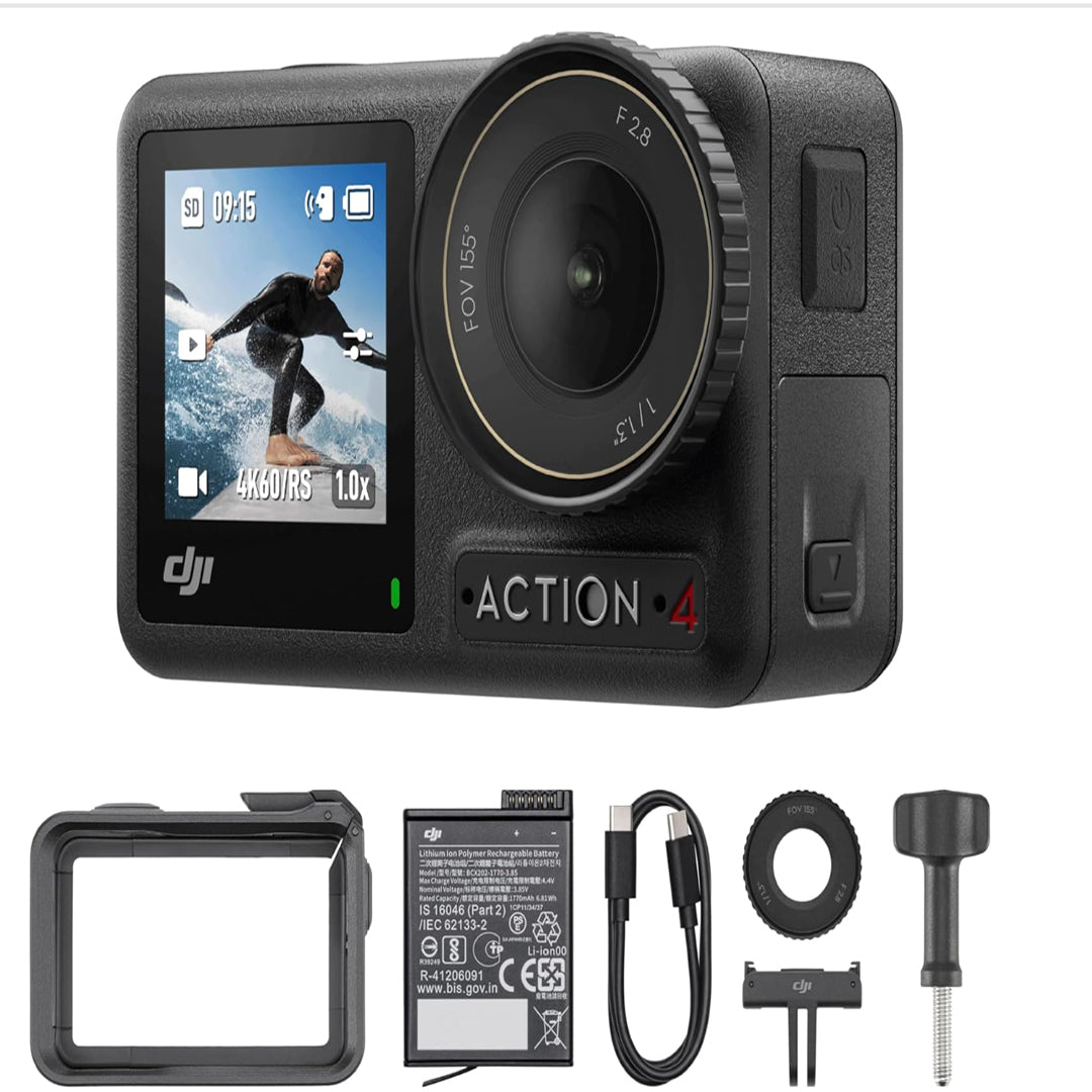 dji_osmo_action_4_camera_and_accessories_kitThis product shot showcases the DJI Osmo Action 4 waterproof 4K video action camera featuring dual full-color screens, a 155-degree f/2.8 ultra-wide lens, and a rugged black housing frame. Below the primary unit is an optimized gear bundle consisting of a protective mounting cage, an extreme-temperature lithium-ion battery, a USB-C fast charging cable, a quick-release adapter plate, and a locking thumb screw.