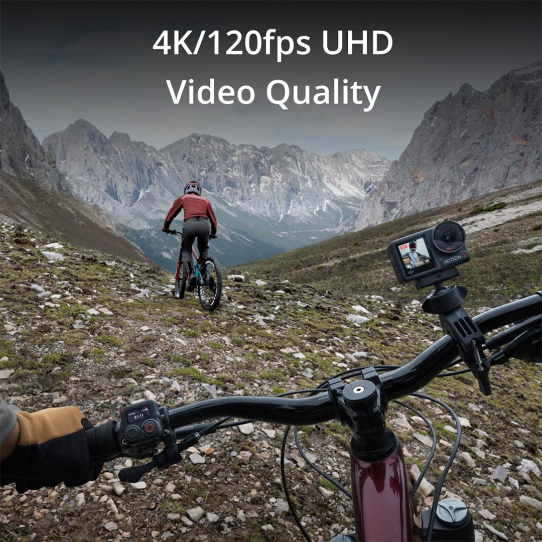 This e-commerce marketing graphic showcases the 4K/120fps Ultra High Definition video recording capability of the DJI Osmo Action 4 camera. The first-person perspective lifestyle shot illustrates the action camera structurally mounted onto bicycle handlebars tracking a mountain biker navigating a rugged alpine trail.