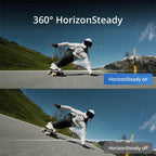 This promotional graphic demonstrates the 360-degree HorizonSteady electronic image stabilization technology of the DJI Osmo Action 4 video camera. A split-screen visual comparison features a longboard rider to contrast perfectly leveled horizon footage when the stabilization feature is activated against tilted camera framing when it is turned off.