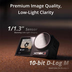 dji_osmo_action_4_low_light_sensor_and_color_science_infographicThis e-commerce infographic highlights the low-light clarity of the DJI Osmo Action 4 video camera, showcasing its large 1/1.3-inch image sensor for superior night imaging. The marketing graphic features prominent typography emphasizing the integrated 10-bit D-Log M color profile designed for vivid color performance and professional video editing.